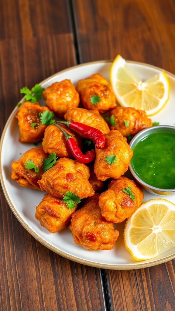 Crispy Air Fryer Chicken 65 garnished with cilantro and lemon, served on a rustic wooden table.